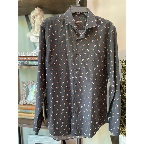 Zara Man Other - Zara Man Bird Print Super Slim Fit Shirt Black Men's XL